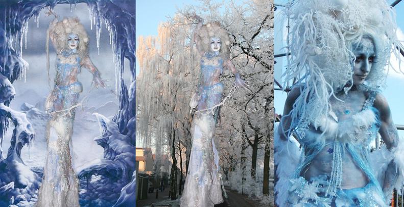 Deze prachtige Bodypainted IJskoninginnen zijn bijna 3 meter hoog en kunnen op veel manieren worden ingezet bij de winter, kerst en feestdagen als stelten acts. Zowel als een spectaculaire luchtacrobatische tissu Winterland Wonder Show, Stelten Animatie Act en Bodypaint.