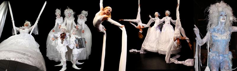 Deze prachtige witte IJskoninginnen zijn bijna 3 meter hoog en kunnen op veel manieren worden ingezet bij de winter, kerst en feestdagen als stelten acts. Zowel als een spectaculaire luchtacrobatische tissu Winterland Wonder Show en als Stelten Animatie Act.